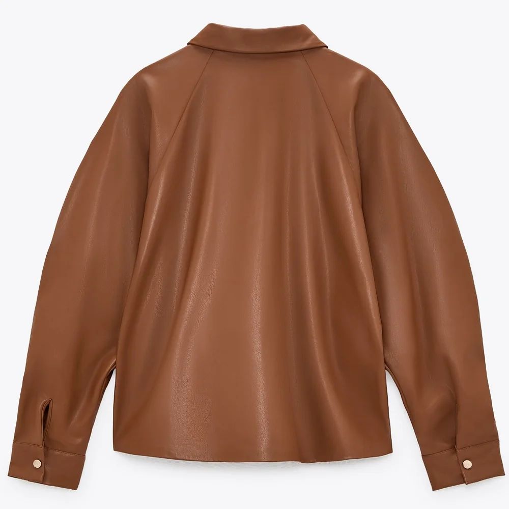 NWT ZARA Warm Cognac Brown Faux Leather Gathered Sleeve Overshirt M - Picture 4 of 6